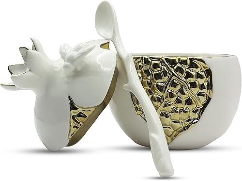 Fruition Decor - Azucarero de granada con semillas y cuchara pintadas de oro - Azucarero con tapa -Rosh Hashana Honey Pot Decoración de cocina -