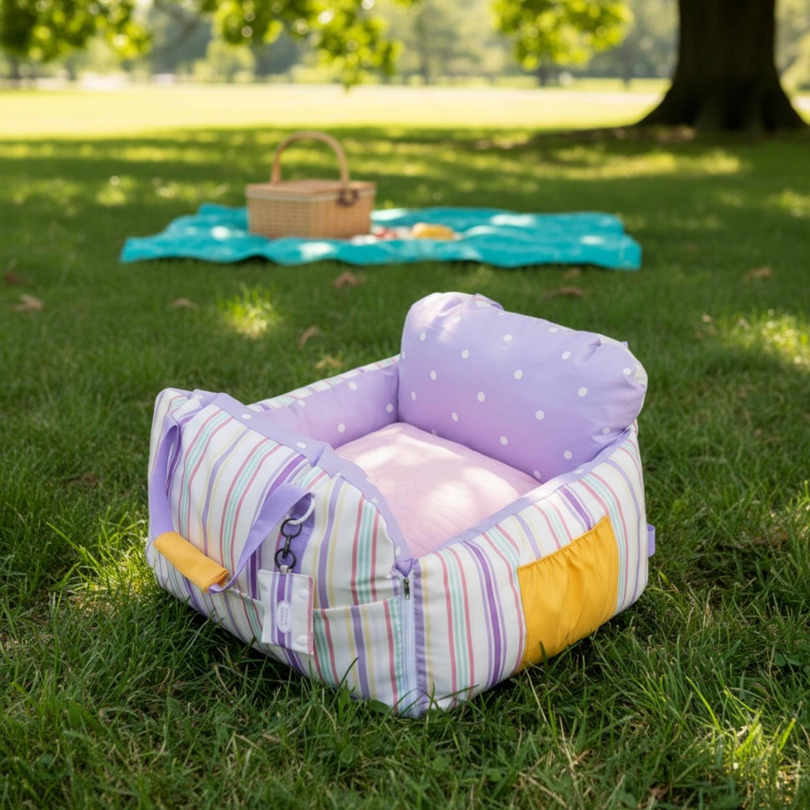 KESOTO Cuscinetto Sedile Veicolo Letto Seggiolino Booster Cuccia con Fronte Aperto Maniglia Cinghia Tessuto Oxford Lattice Cotone PP Adatto per Viaggi Guida, Viola Selene, L Consigliato Entro 7,5 Kg
