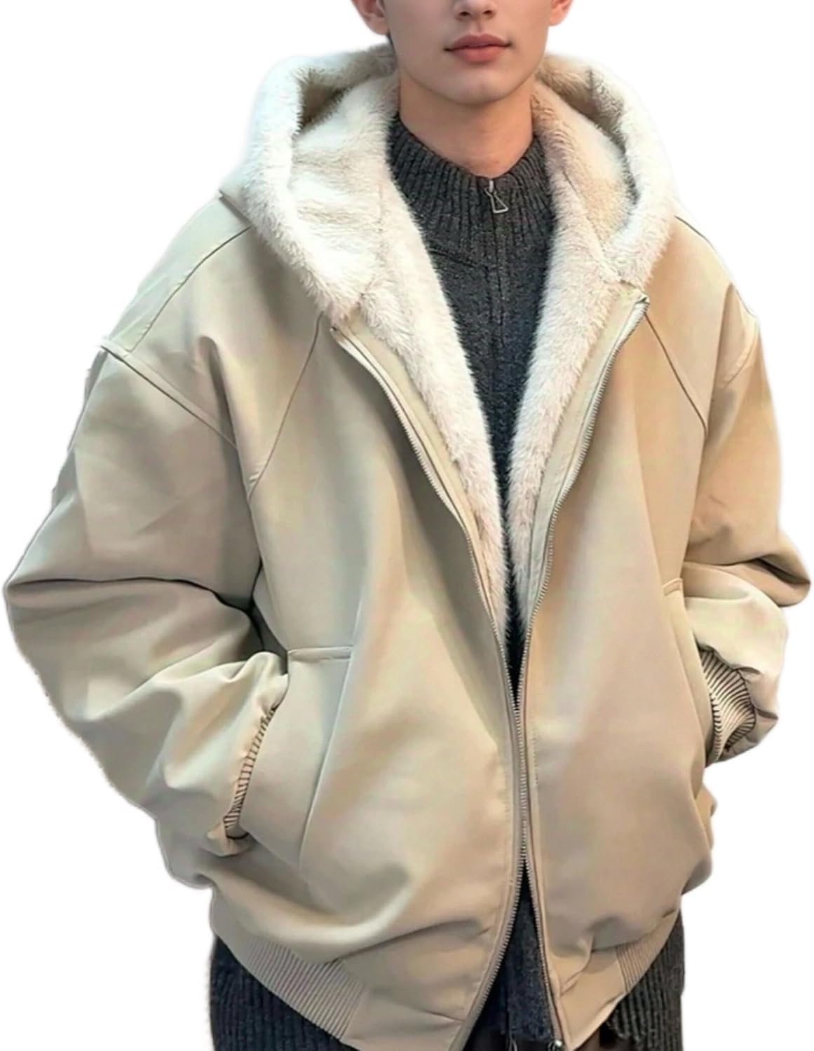 BONVEN Y2k Faux Fur Hooded Jacket Unisex Zip Up Oversize Fuzzy Trendy Vintage Winter Warm Coats Streetwear Couple