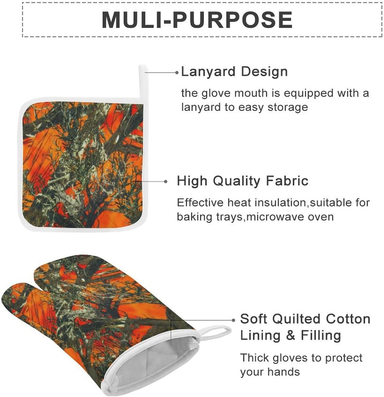 Orange Camouflage Print Oven Mitts and Pot Holders 3 Piece Sets Heat Resistant Gloves Hot Pads Potholders for Kitchen Baking Cooking