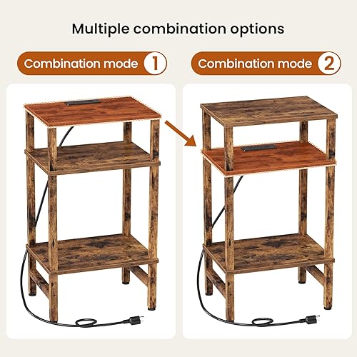Miniatura 6 de Mesa auxiliar de 3 niveles con estación de almacenamiento y carga rápida, mesita de noche alta y estrecha con puerto tipo C y puerto USB, mesa