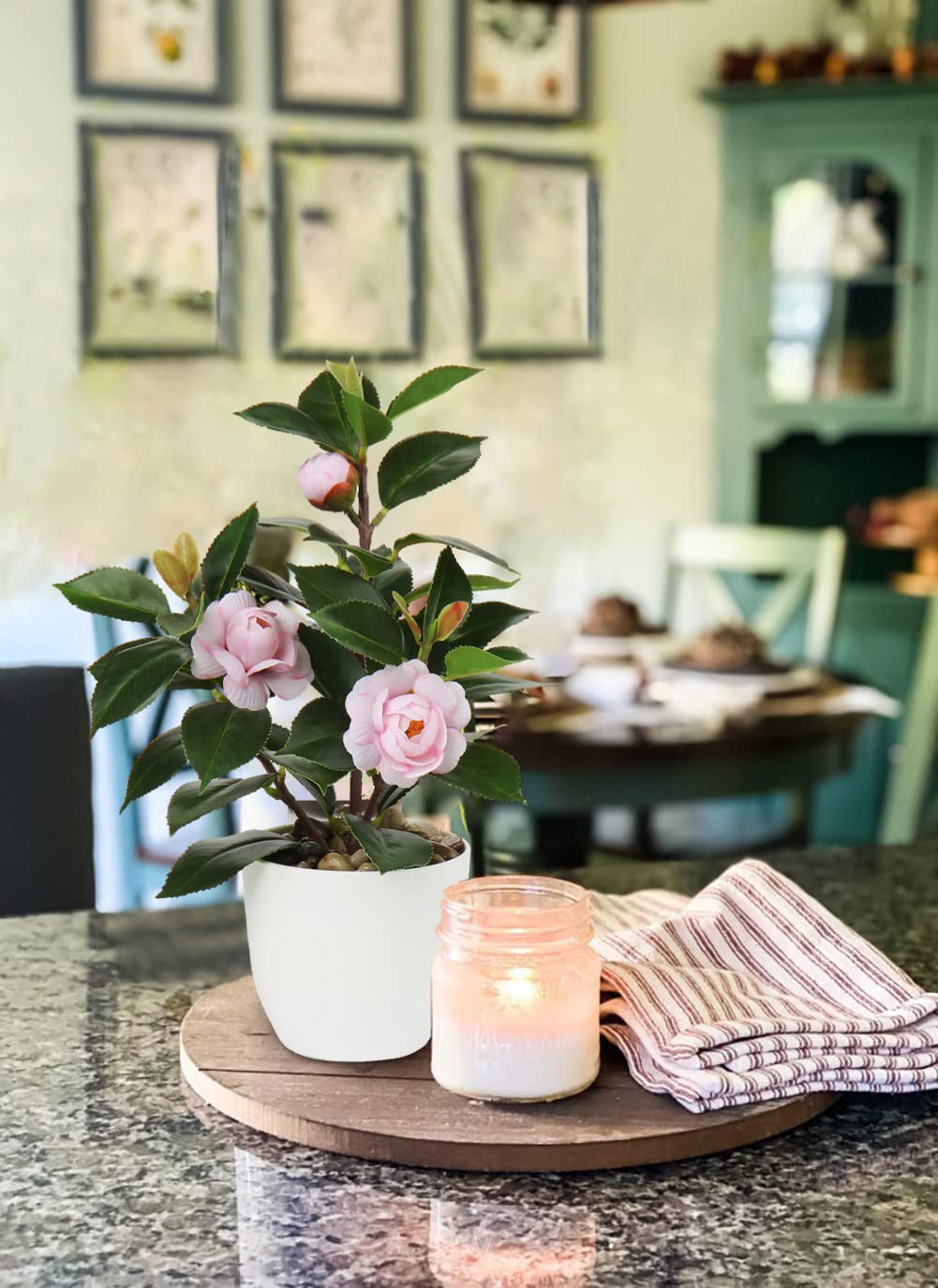 Albero Di Camelia Artificiale In Vaso Cemento – 2 Pezzi, Pianta Finta Con Fiori Rossi E Foglie Verdi, Per Interni/Esterni