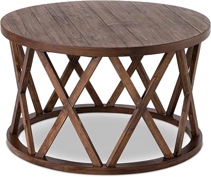 COZAYH Rustic Farmhouse Coffee Table, Round Coffee Table with X-Motifs Legs, Wood Textured Top, for Boho, French Country Decor, Brown