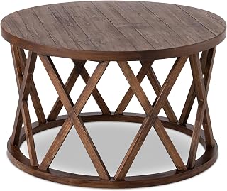 Rustic Farmhouse Coffee Table, Round Coffee Table with X-Motifs Legs, Wood Textured Top, for Boho, French Country Decor, Brown