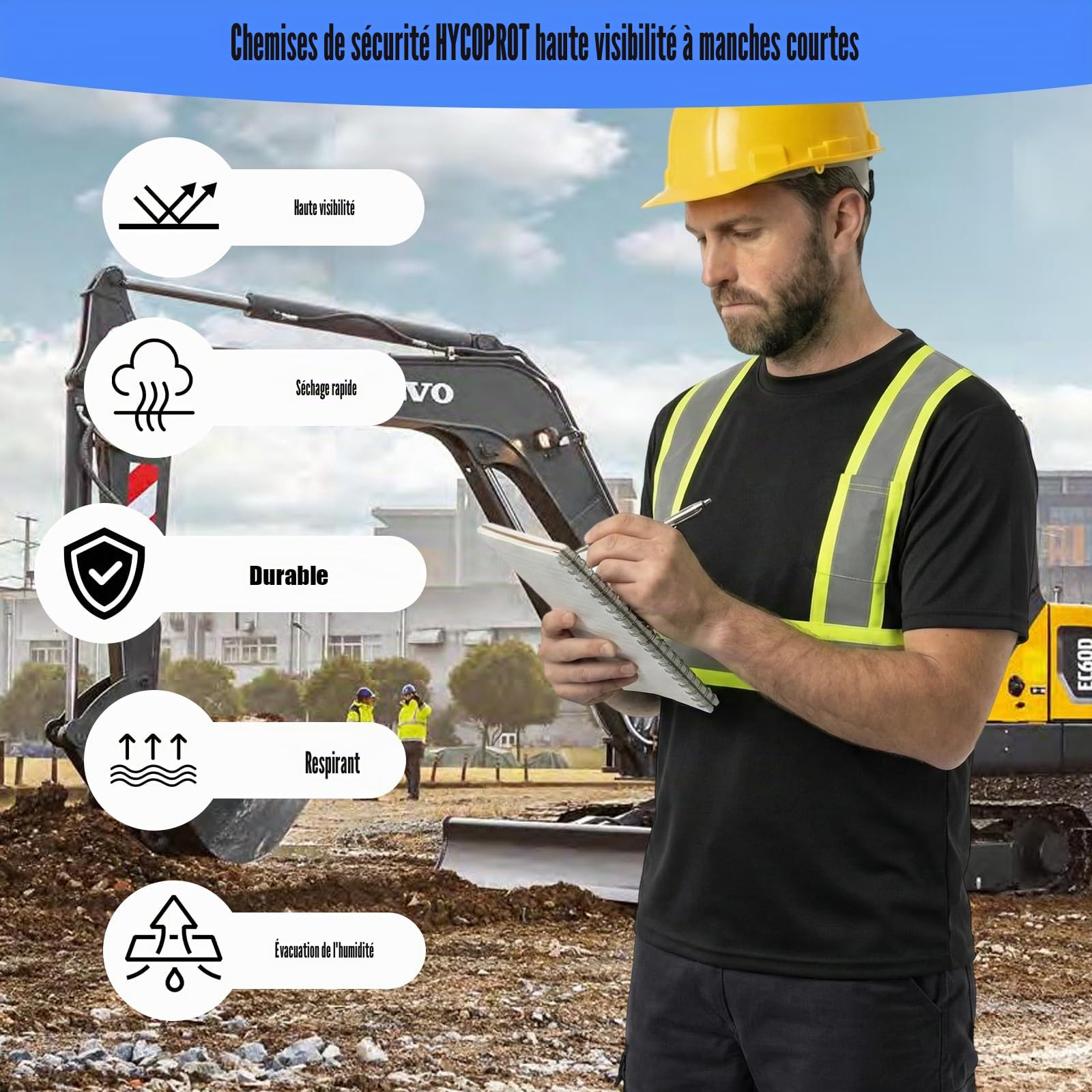 HYCOPROT T-Shirt Haute Visibilité Gilet de Sécurité Réfléchissant Respirant Léger Chemise à Manches Courtes Vêtements de Travail Chemises à Manches Courtes