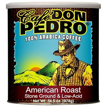 مقهى Don Pedro American Roast Naturally Low Acid Coffee - 34.5 Ounce Large Can لعشاق القهوة مع المعدة الحساسة - نكهة لذيذة وسلسة ، قهوة أرضية من الحجر المشوي المتوسط