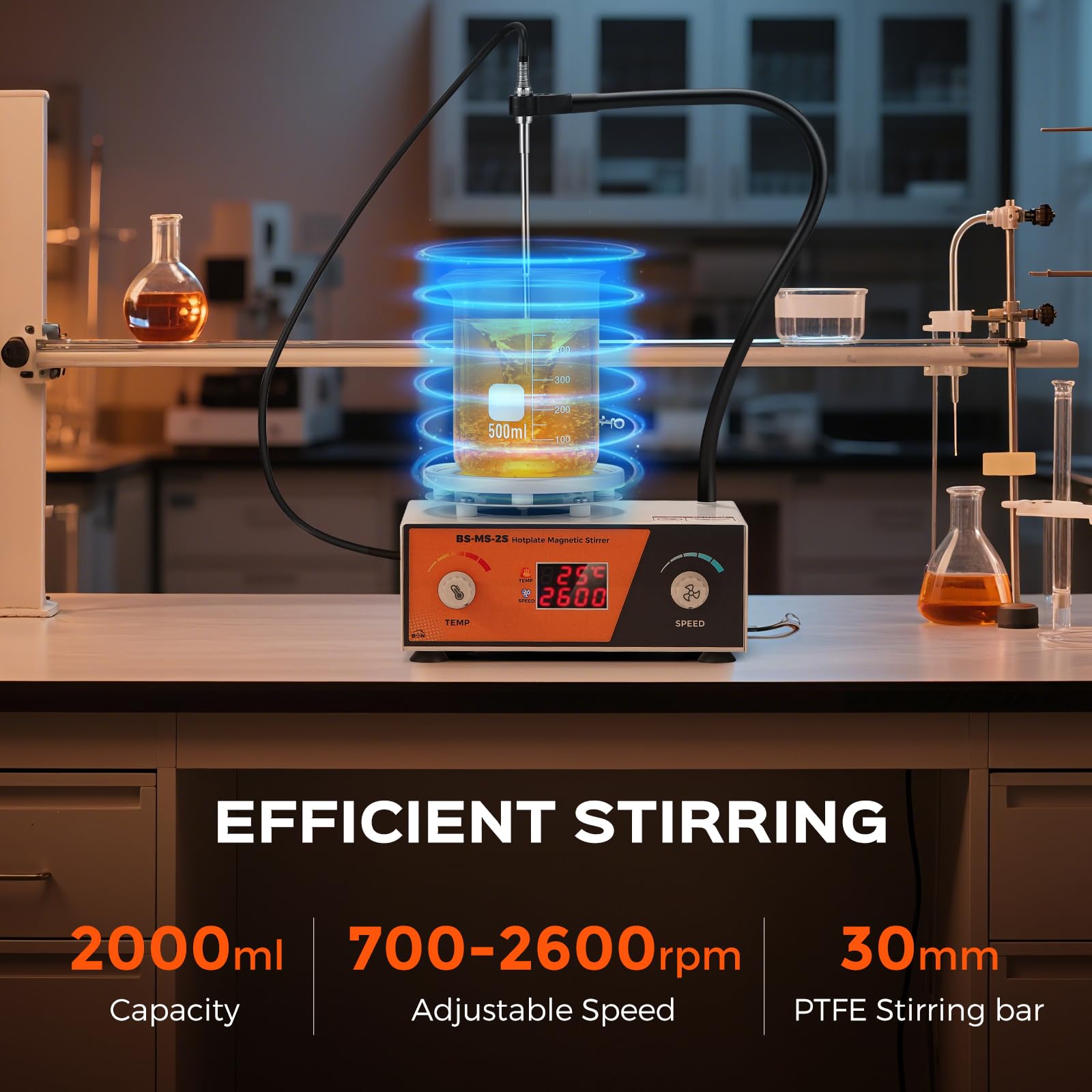 Bonviosin Agitatore Magnetico con Piastra Riscaldante 2L, Display Digitale 700-2600 RPM, Mixer da Laboratorio 100℃ 180W, Asta Supporto Sensore Pieghevole, 120x120 mm (EU)