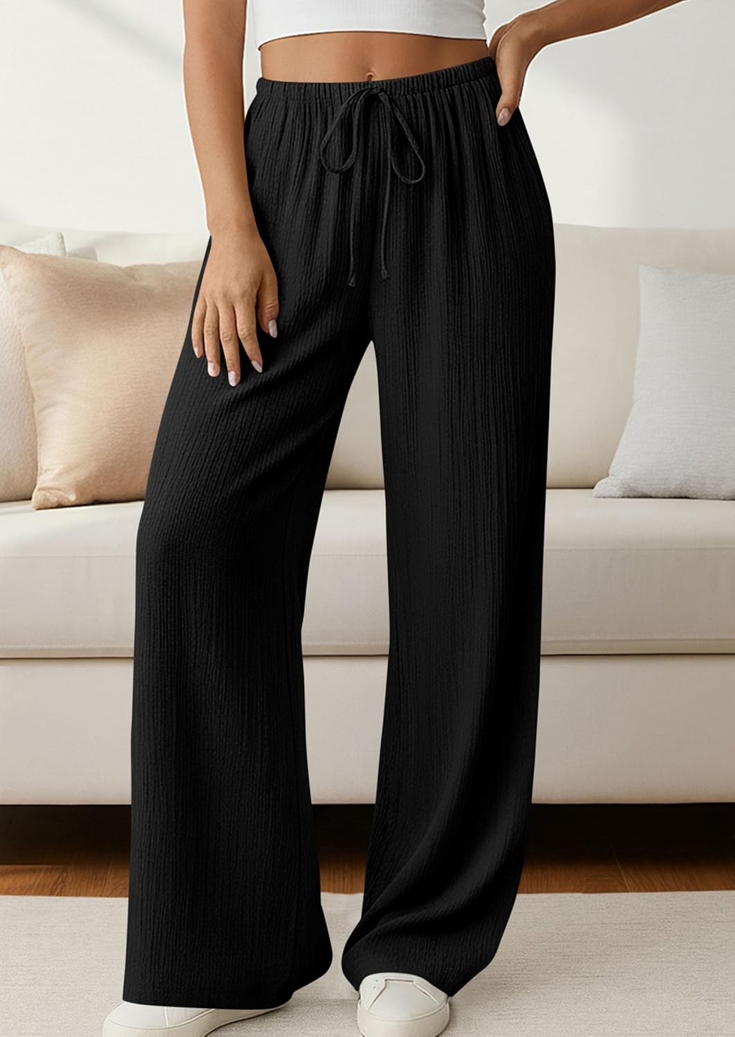 PRETTYGARDEN Womens Palazzo Pants Summer Fashion 2026 High Waisted Wide Leg Drawstring Flowy Beach Trousers with Pockets - Image 5