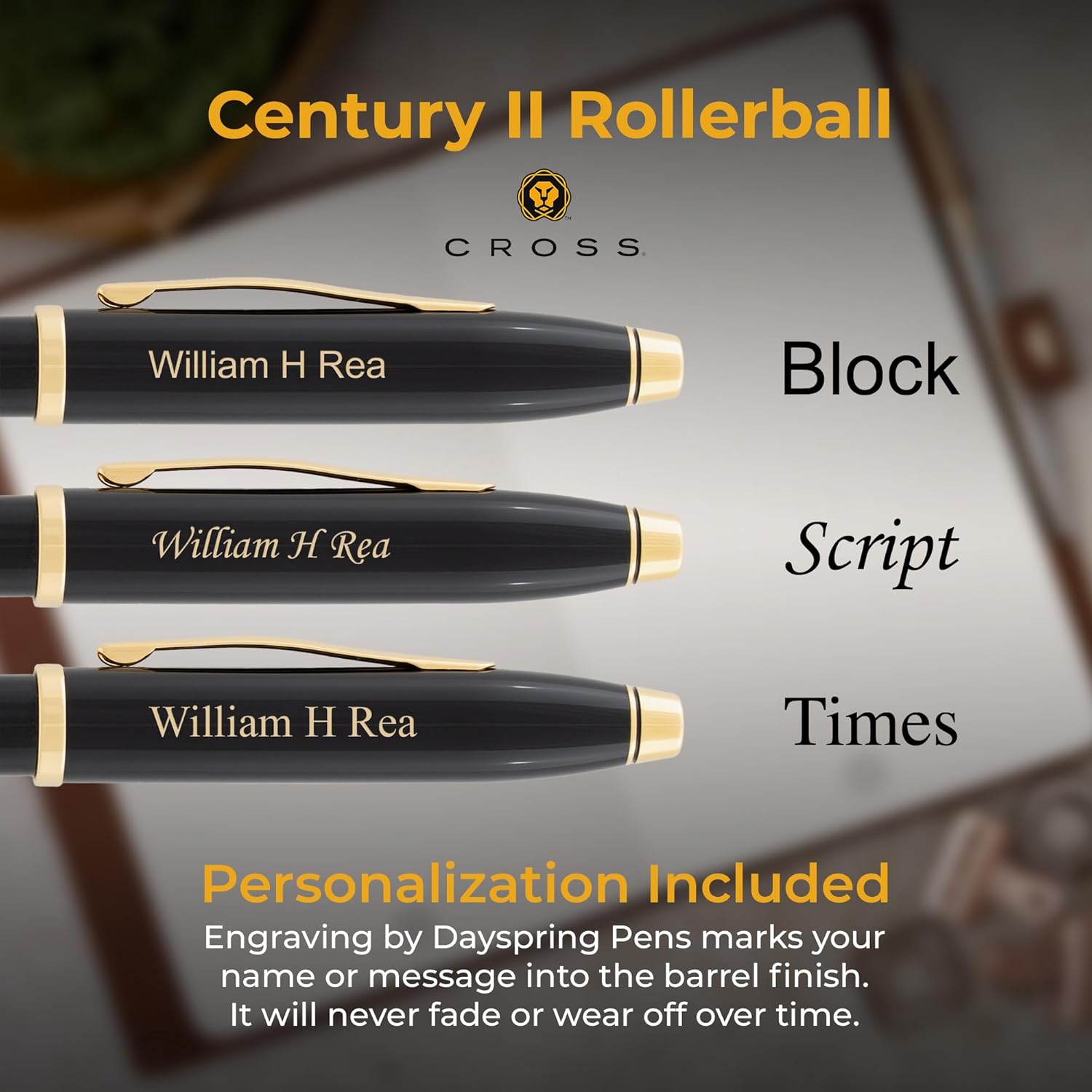 Engraved Cross Century II Capped Rollerball Pen in Black Lacquer with Gold Trim. Executive Personalized Gift for Graduation, Holidays, and Milestones.