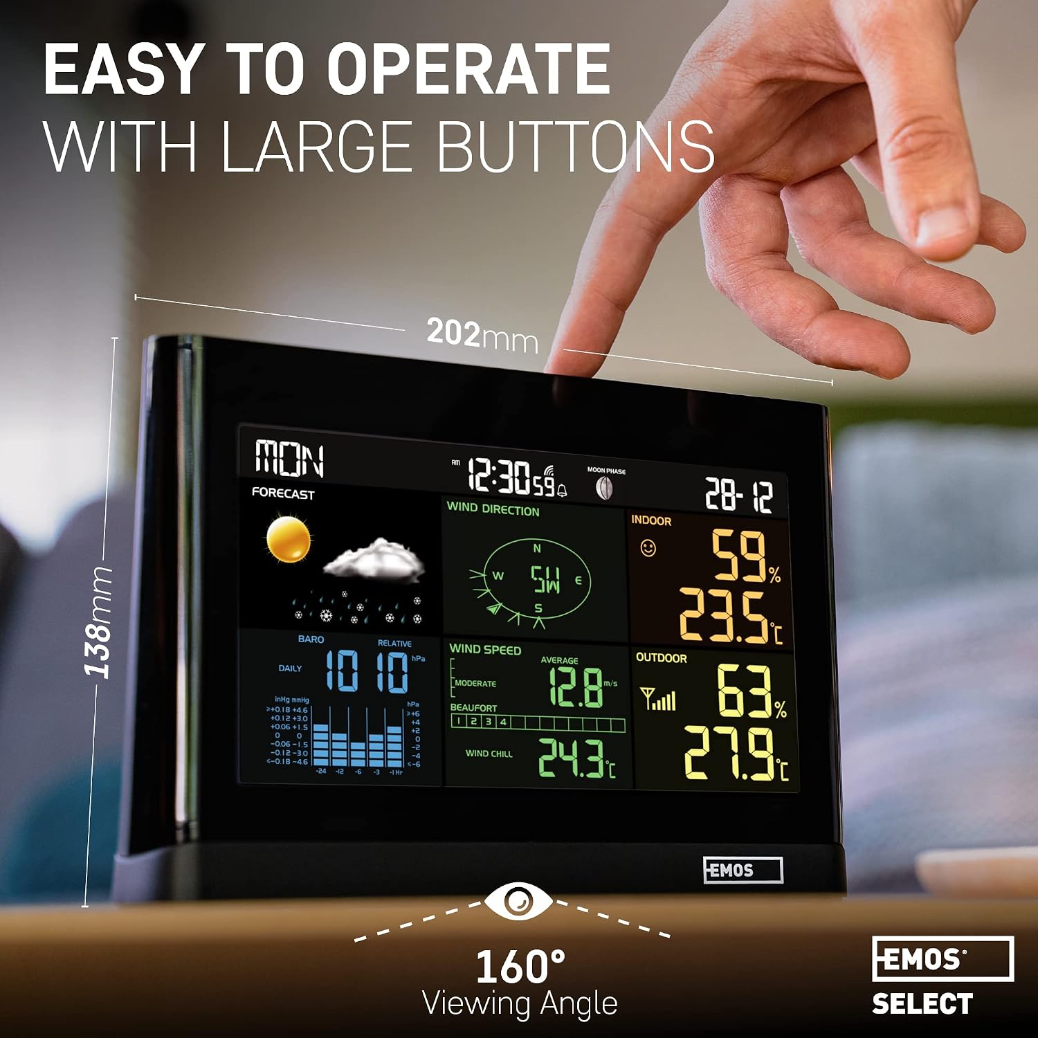 Easy to operate display with large buttons and 160 degree viewing angle