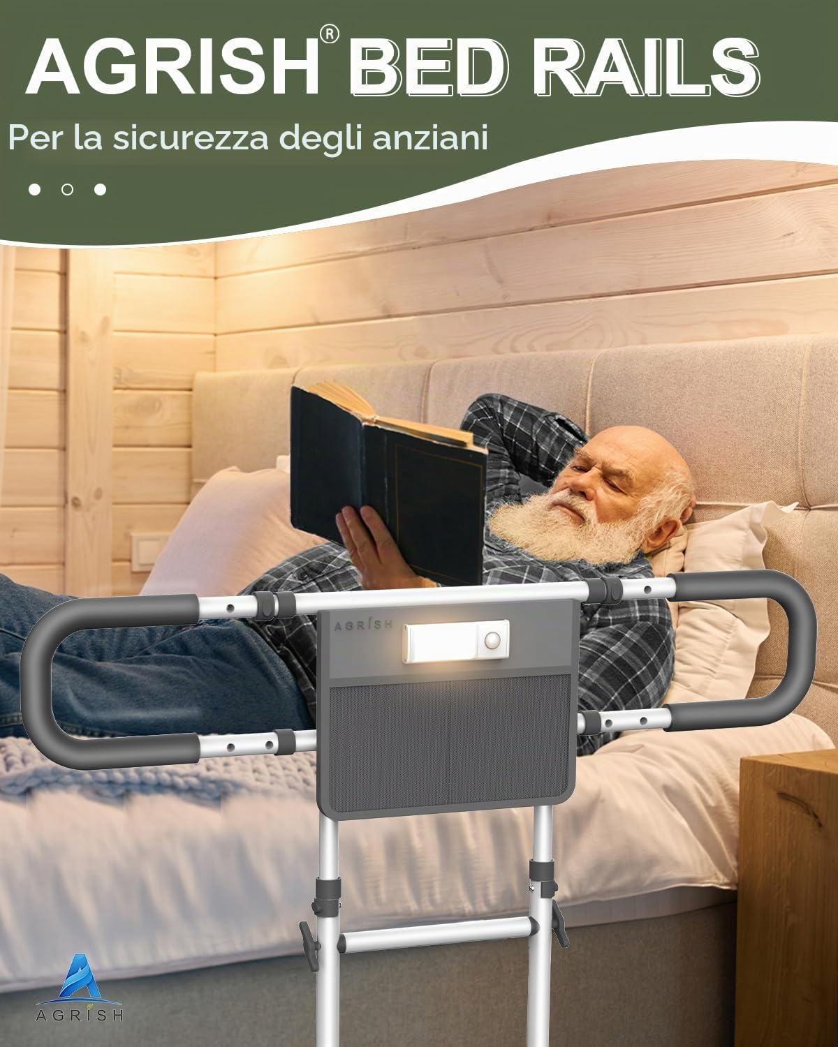 Agrish Sponda da Letto con Maniglia per Alzarsi e Luce LED | Regolabile, con tasca portaoggetti e adatta a letti matrimoniali e king size; ideale per anziani, convalescenti e disabili