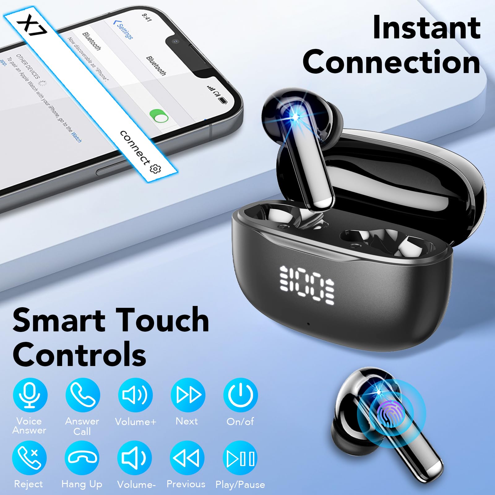 Wireless Earbuds, 2026 Bluetooth 5.4 Headphones in Ear with 4 ENC Mic Ear Buds HiFi Stereo Sound Wireless Earphones 40H Playtime Bluetooth Earbud IP7 Waterproof USB-C for iOS/iPhone/Android Black — view 5
