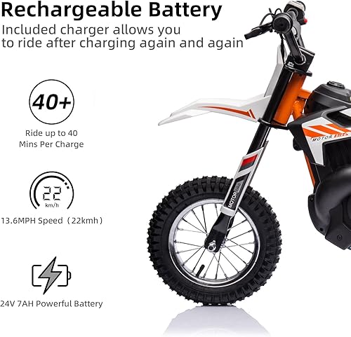 Miniatura 4 de Motocicleta de paseo para niños, automóvil eléctrico de 24 V para niños, bicicleta de cross eléctrica máxima de 13.6 MPH con velocidad variable,