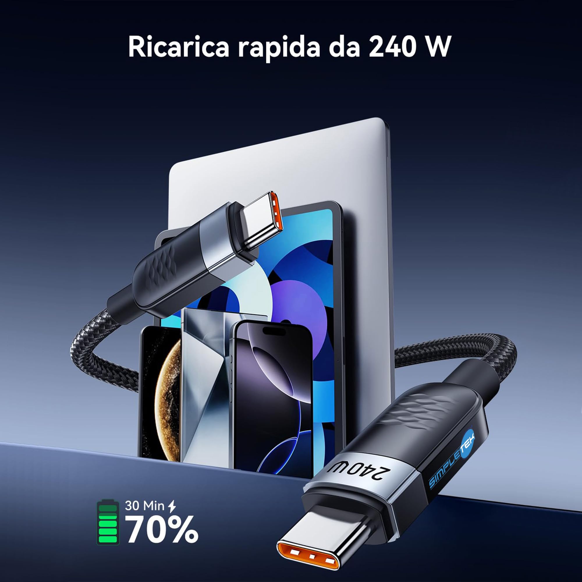 SIMPLETEK - Kit 2 Kabel USB-C auf USB-C 240W 2m PD 3.1 Nylon E-Mark | 2 Stück 2m USB-C auf USB-C Kabel mit Schnellladeunterstützung bis zu 240W PD 3.1, Nylonmantel und sicherem E-Mark-Chip