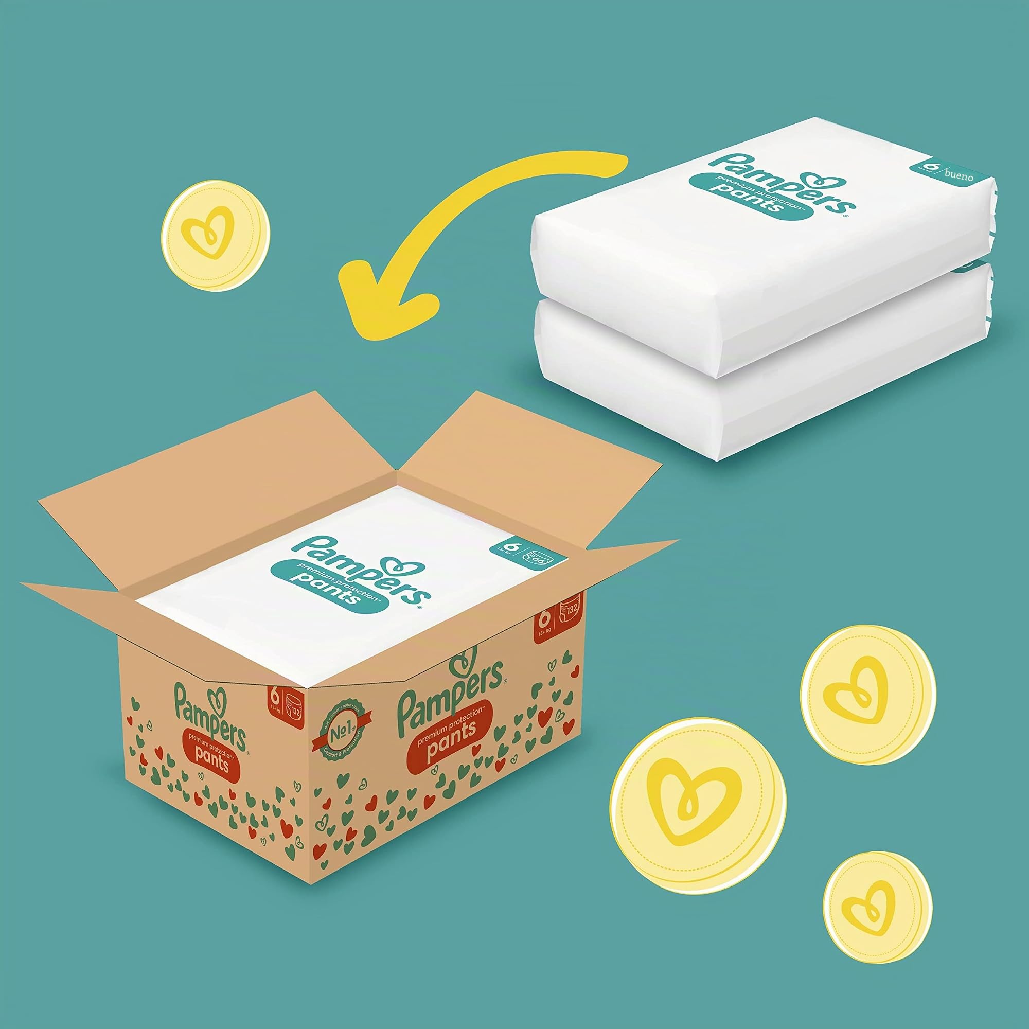 Pampers Talla 6 Pañales (15+ kg), Protección Premium, 132 pañales, caja mensual, funda de ropa 1 para mayor comodidad y protección de la piel sensible