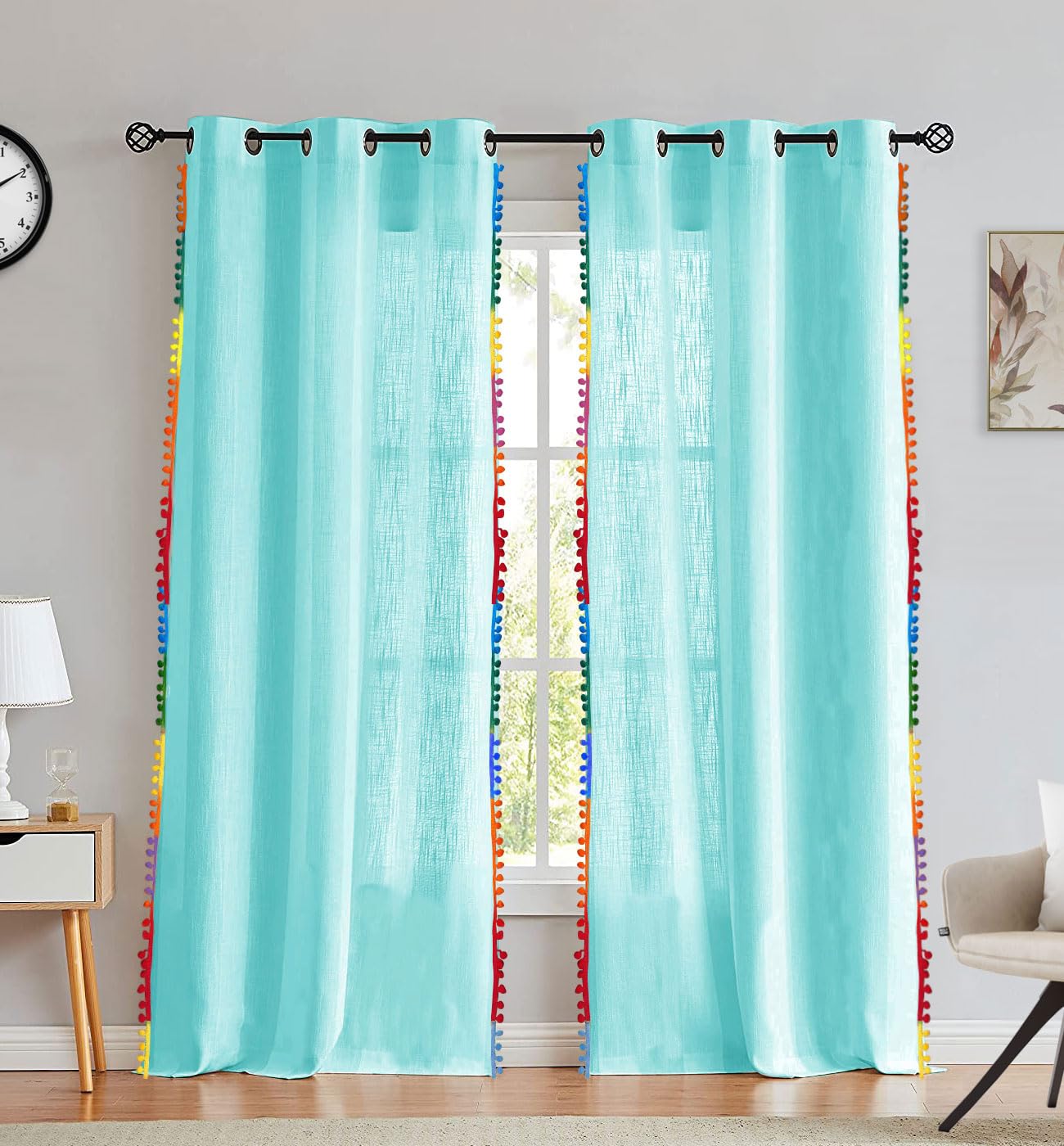 HOMEMONDE Sheer Solid Curtains 9 Feet Long Door - Pack Of 2 Border Pompoms Cotton Solid Curtain Decorative Panels For Living Room, Hangs With Eyelets - Celeste,Multicolor (B0CF557MRK) Amazon Price History, Amazon Price Tracker
