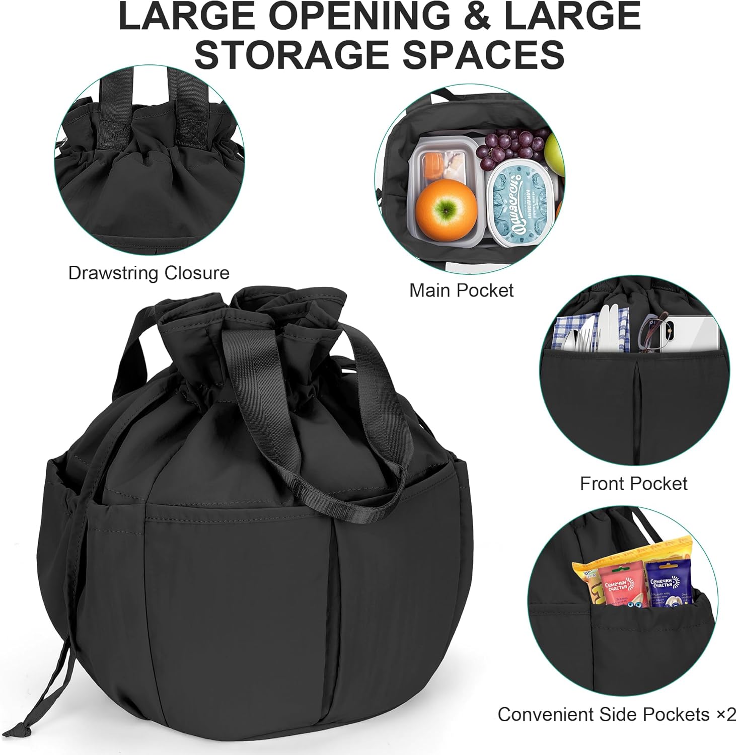 Hafmall Large Drawstring Lunch bag Women, Cute Lunch Box Leak-Resistant Lunch Tote for Picnic Work Office, Black - Image 4