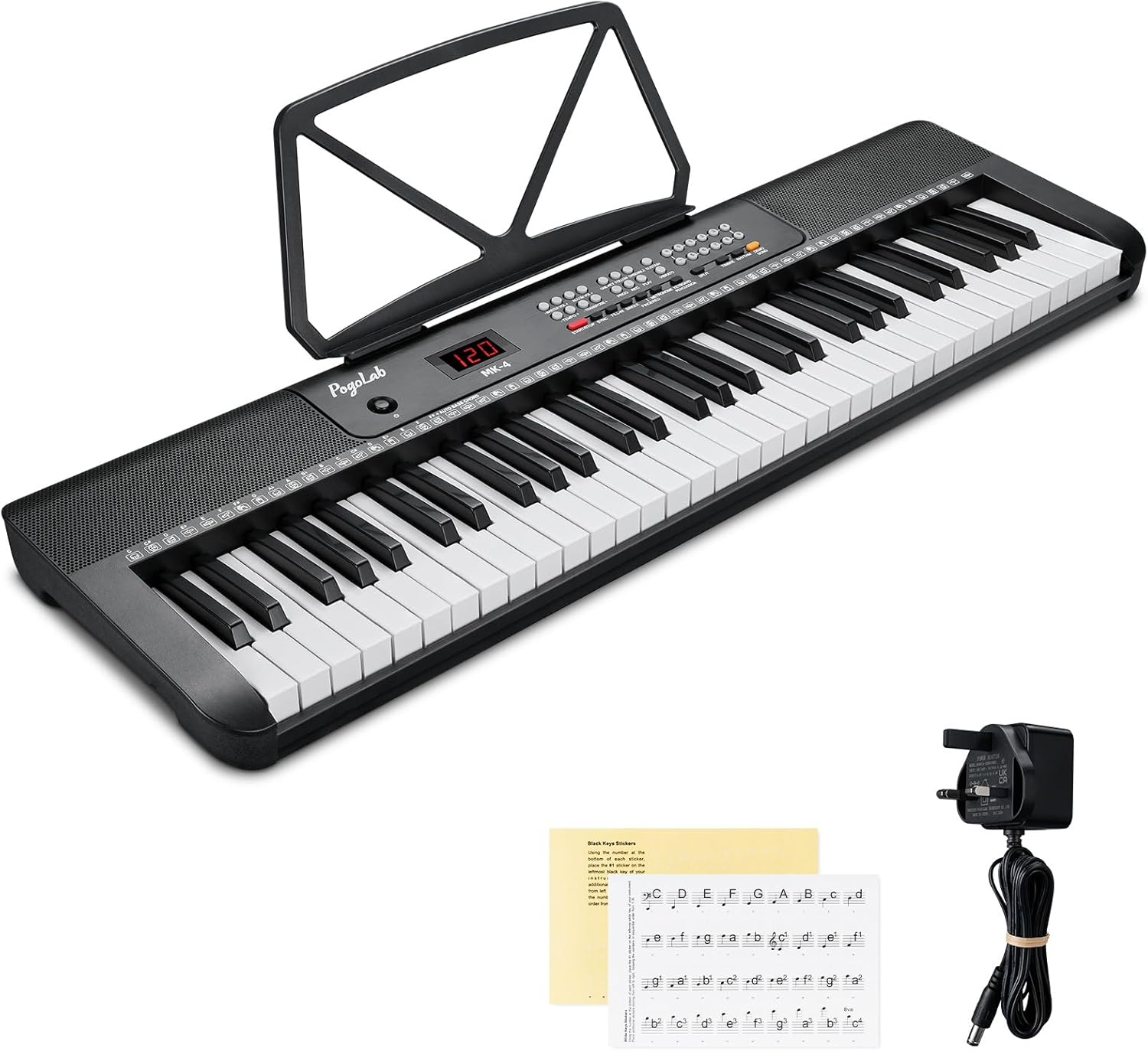 POGOLAB 61 Keys Compact Keyboard Piano, Digital Electronic Keyboard Piano with Tablet/Sheet Music Stand, DC 9V Adapter, Note Stickers, 255 Rhythms and Timbres, 24 Demos, 3 Teaching Modes for Beginner