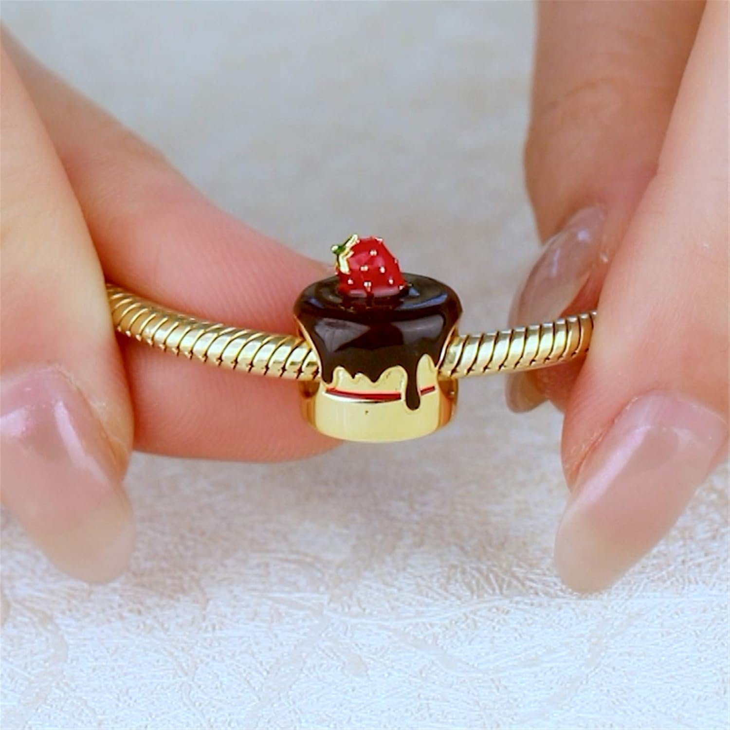 GNOCE Strawberry Chocolate Cake Charm Bead Sterling Silver 18k Gold Plated Food Charm Bead Fit Bracelet/Necklace Christmas Gift for Women Wife