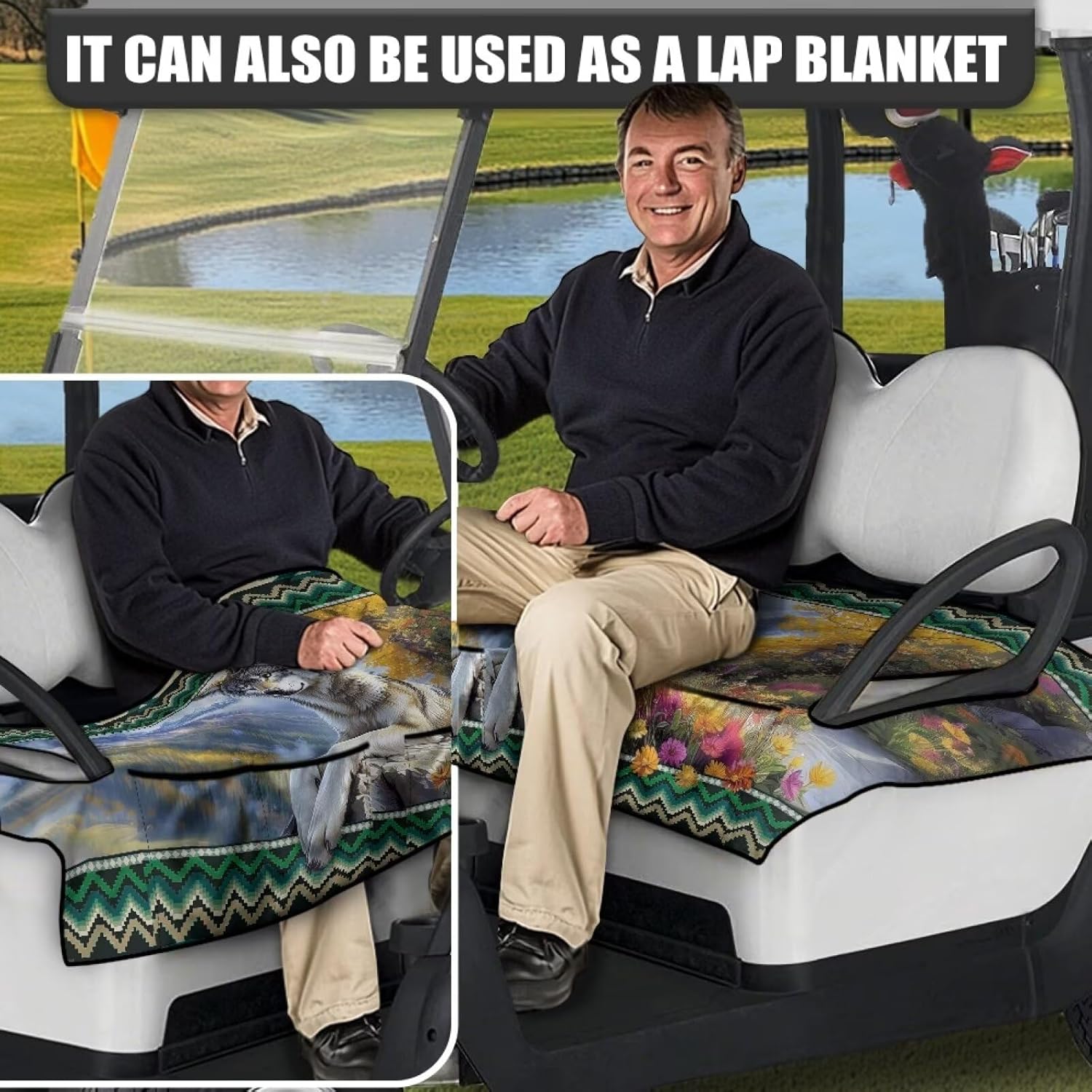 Golf Cart Seat Covers, Universal Breathable Sports Cart Seat Cushion Covers Heavy Duty Golf Cart Seat Towel Blanket Wolf Tree Floral and Mountain Print Golf Cart Accessories