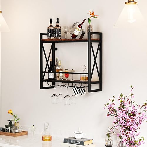 Miniatura 8 de Giantex Estante industrial para vino montado en la pared, estante de metal de 2 niveles para botellas de vino con 14 botellas y soportes para 12