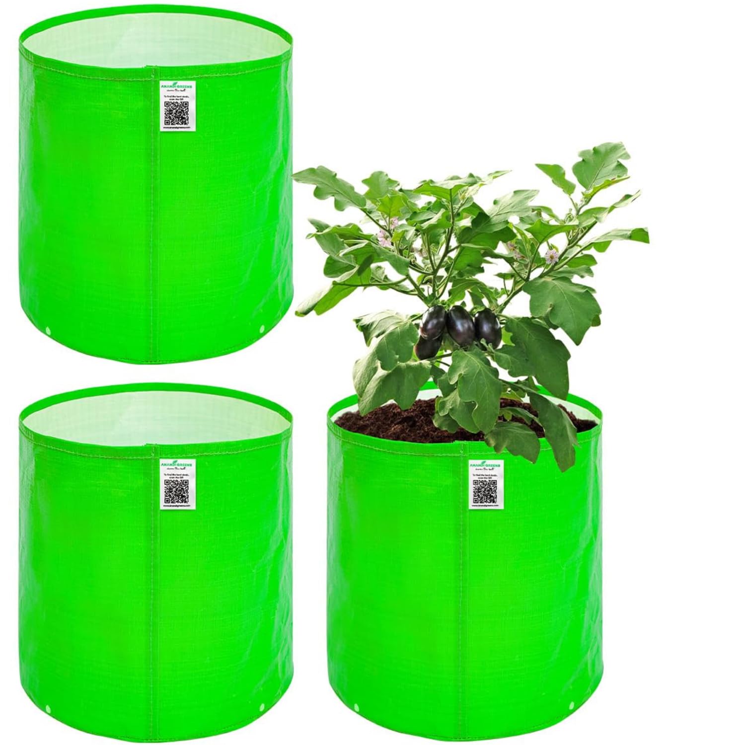 Anandi Green's Premium HDPE Uv Protected 260 GSM Round Shaped Green Colour Plants Grow Bags Suitable for Terrace and Vegetable Gardening 12x12 Inch Pack of 3 Grow Bags