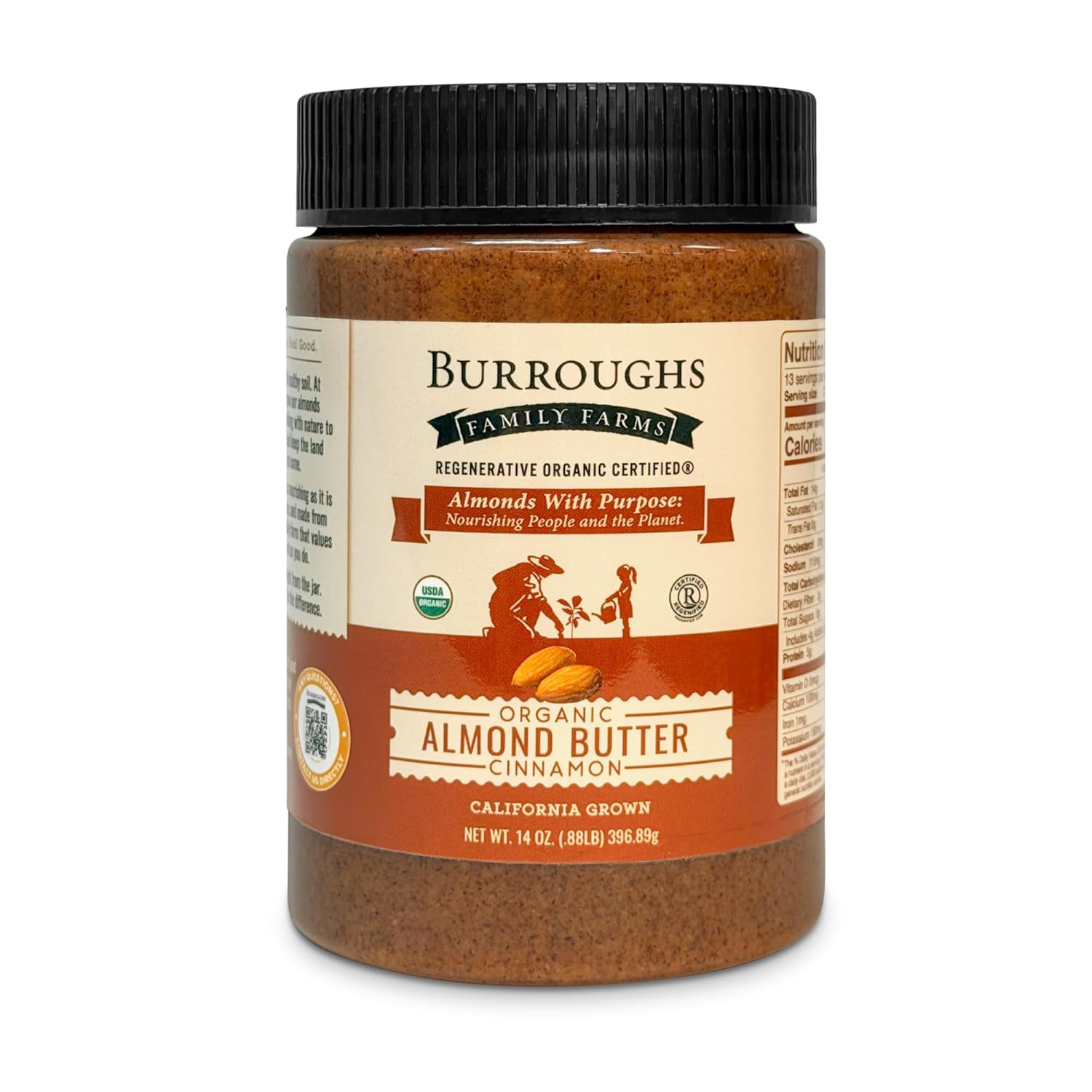 Organic Cinnamon Almond Butter 14oz by Burroughs Family Farms - Regenerative Organic, No Palm Oil, 2x Antioxidants & Vitamin B