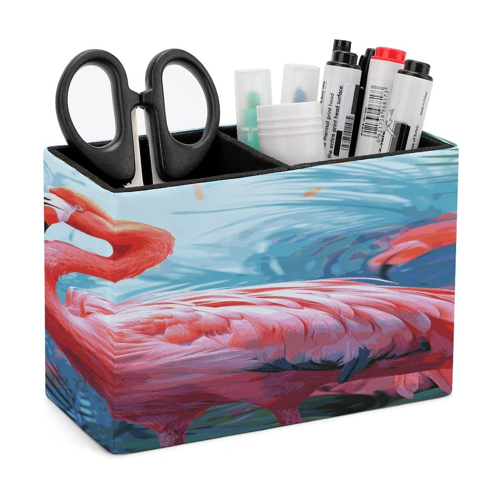 LDGSUPH Painted Flamingo Leather Pen Holder for Desk Organizer Caddy Large Pencil Cup Multi-function Pencil Holder Makeup Brush Holders Pen Organizer for Home Office Storage Box