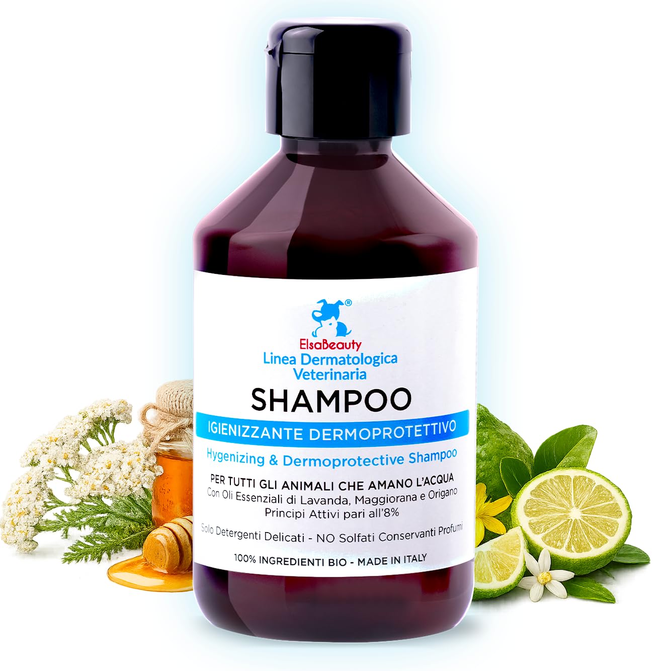 Shampoo Igienizzante Dermoprotettivo per Cani e Gatti, Cute Sensibile e Dermatite, 100% Attivi Naturali,