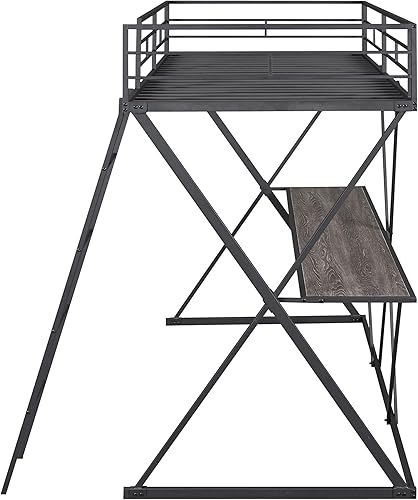 Miniatura 7 de LZ LEISURE ZONE Cama alta individual con escritorio, marco de cama alta de metal, cama tipo loft tamaño individual con escalera y barandillas de
