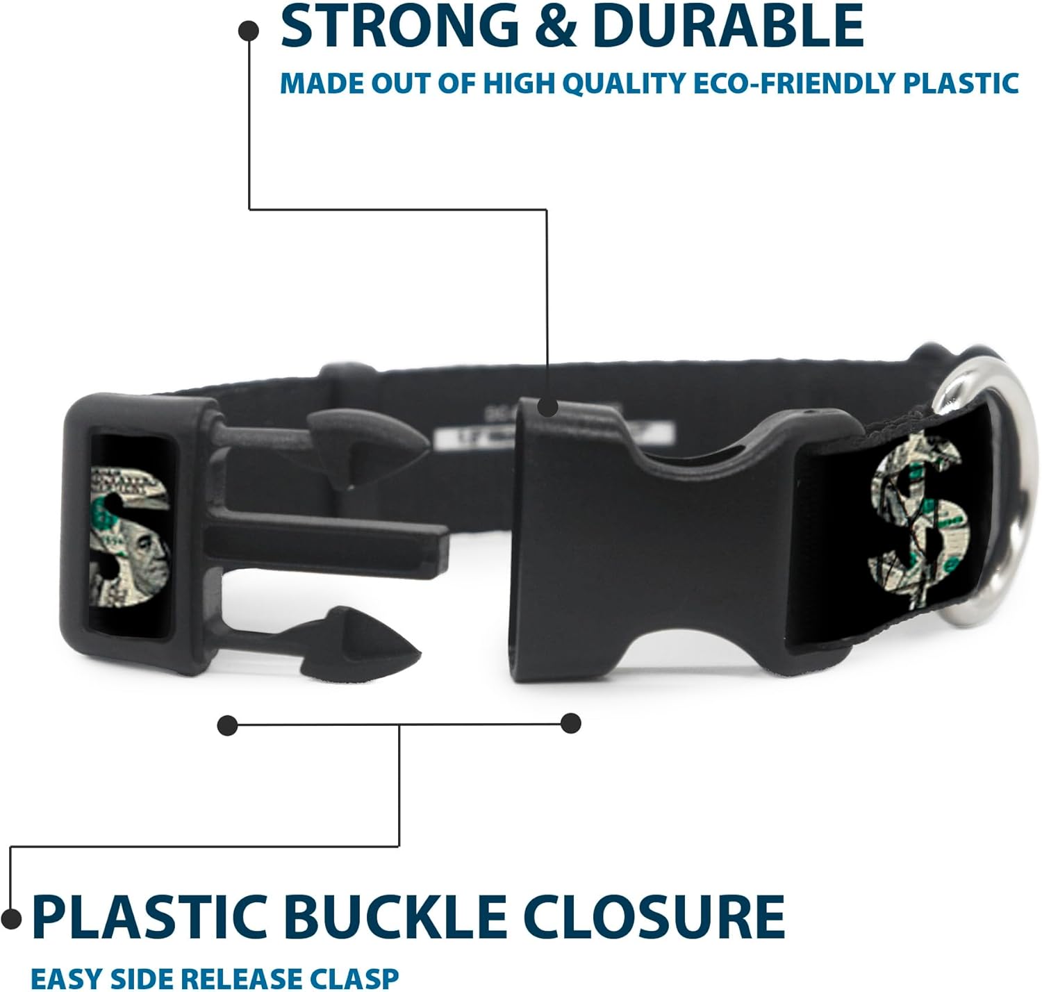 Buckle-Down 16-23" Cash Money $ Black/Dollars Plastic Clip Collar, Wide Medium