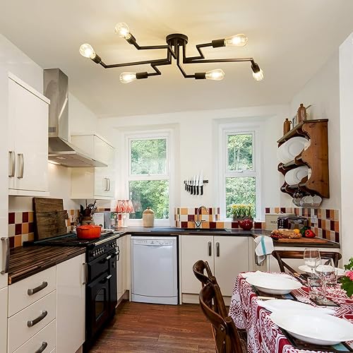 Miniatura 7 de ZGLAOJT Lámpara de techo de 6 luces, lámpara de techo vintage semiempotrada, araña negra para comedor, sala de estar, cocina, granja.