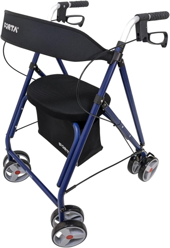 Forta Drakon 2 - Andador ligero y plegable para personas mayores - Con asiento, regulable en altura, freno de mano, para uso en exteriores - Capacidad de carga hasta 130 kg (Azul)