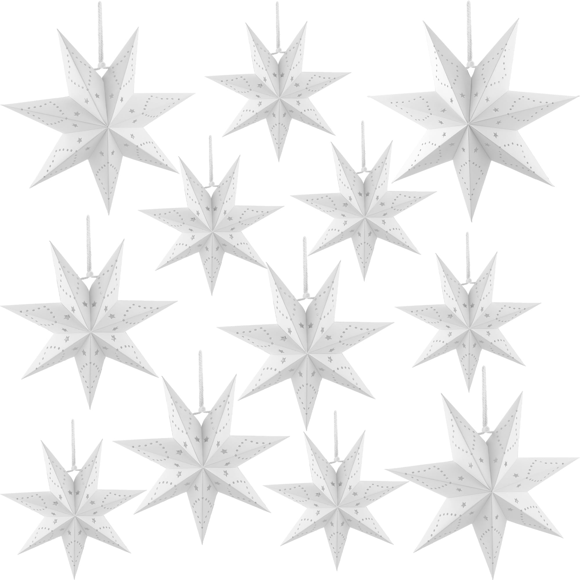 Confezione da 16 stelle di carta 3D a forma di stella di carta 3D, a 7 punte, bianche, da appendere, paralumi per Natale, matrimoni, feste di compleanno, decorazioni per la casa, 4 dimensioni