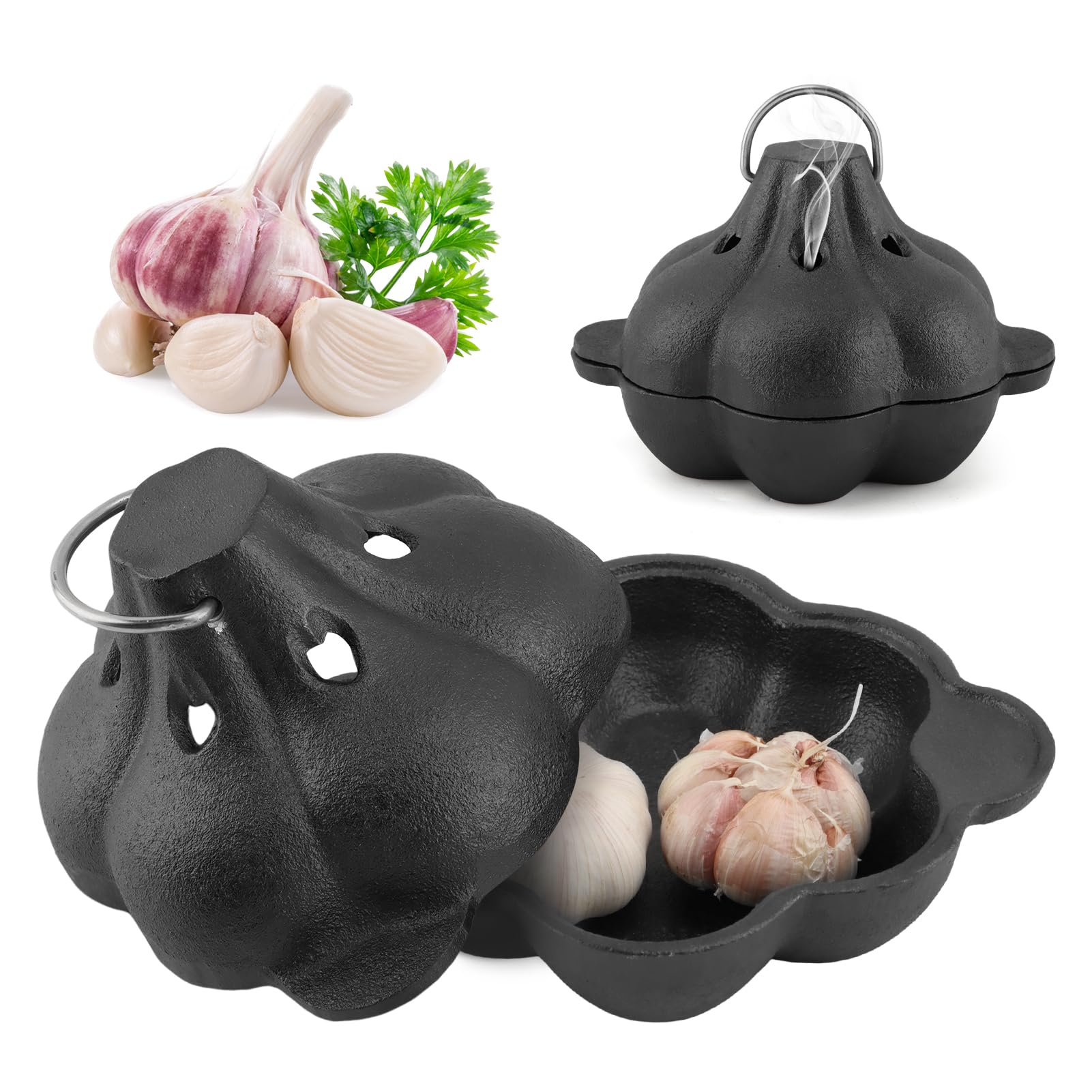 Cast Iron Garlic Roaster with Lid - Multi-Functional Mini Cocotte for Garlic &amp; Potato, Oven Safe &amp; BBQ Grill Compatible Smoker Cooker