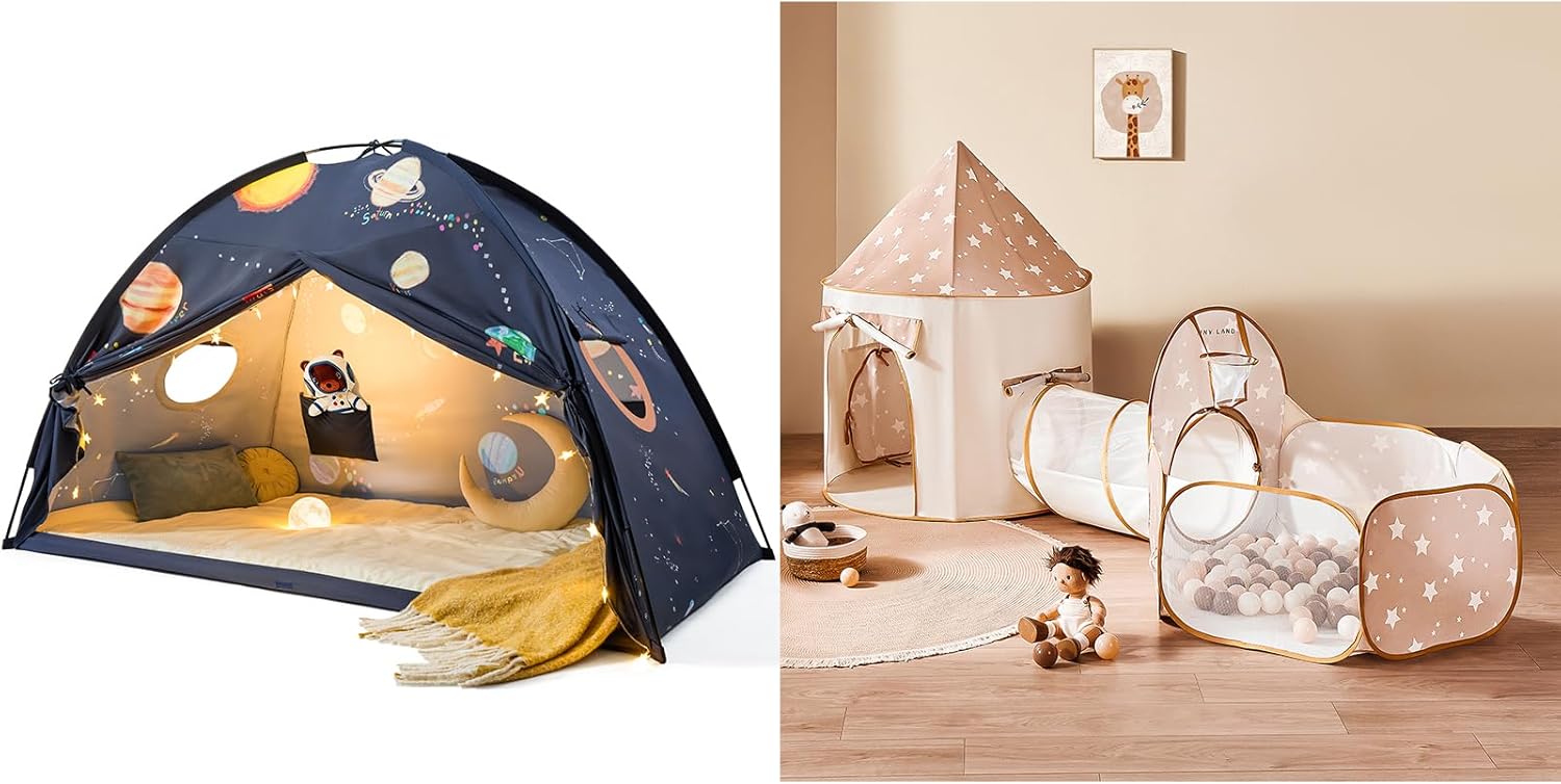 Tiny Land Kids Play Tent with Tunnel, Pop Up Play Tent with Ball Pits for Toddlers, Space Galaxy Bed Tent for Kids – Sleep Bed Canopy with 9 Planets Design – 77" x 40" x 46"