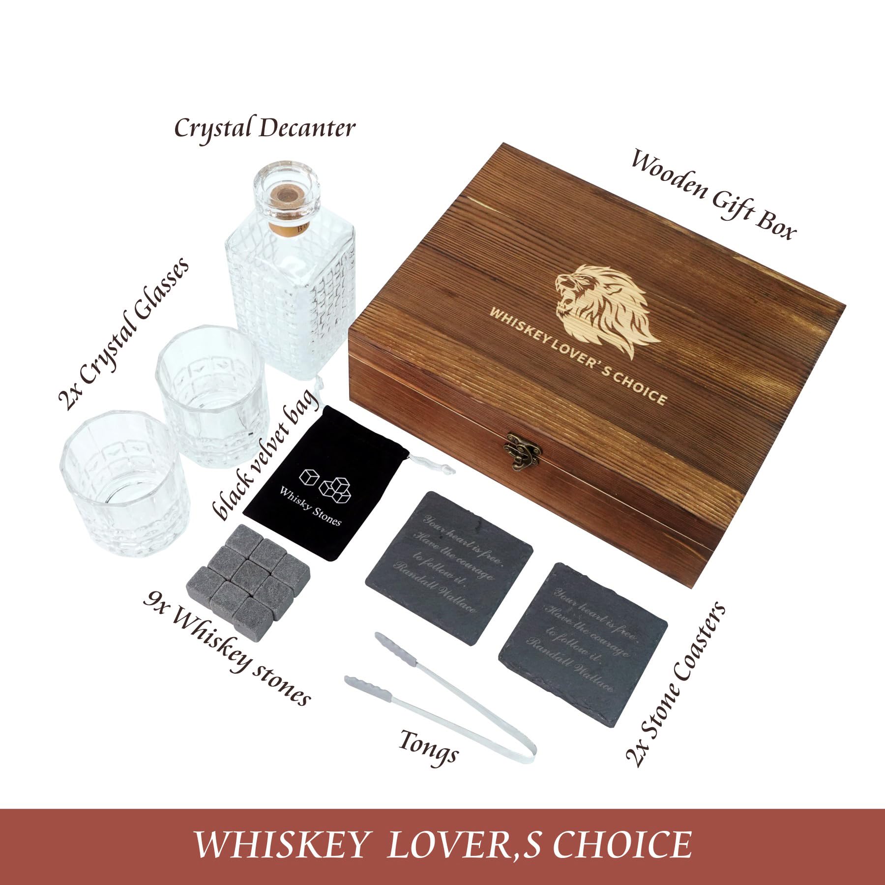 Whiskey Decanter Set With Wood Box - 25oz Decanter & 2 Rock Glasses, Gift For Men