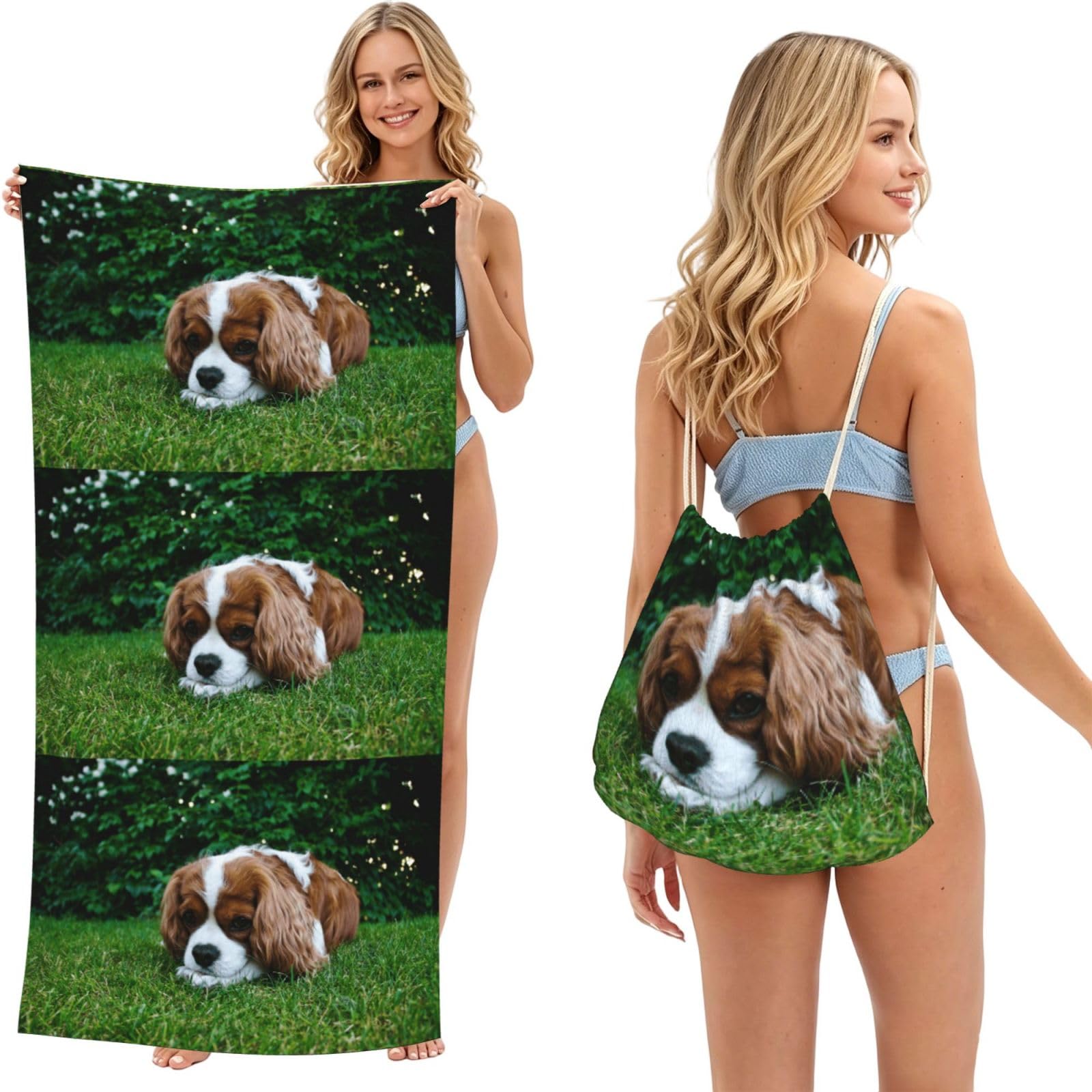 Poadnly As Picture Cavalier King Charles Spaniel Brownish White, 2 In 1 Packable Towel Bag, Beach Towels With Drawstring Backpack For Travel Holiday Camping