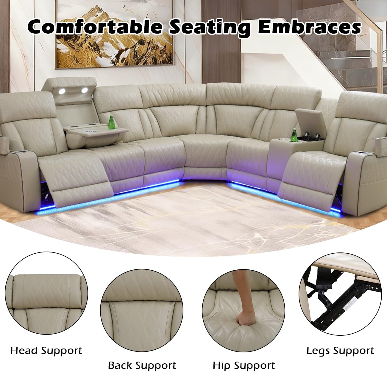 Power Recliner Sectional Sofa Set for Living Room Furniture Sets,Leather Reclining Sofa Set with LED Lights/Hidden Storage,L- Shaped Couch for Living Room/Home Theater(Beige,Sectional)