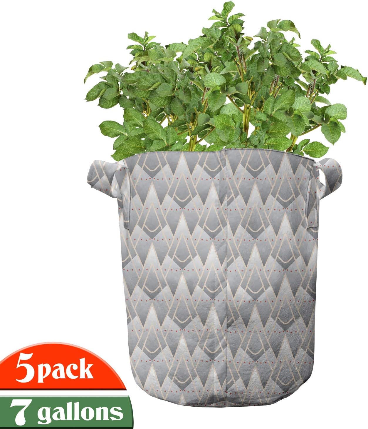 Ambesonne Geometric Grow Bags 5-Pack, Dashed Lines and Tiangles, Heavyduty Fabric Pots with Handles for Plants, Multicolor
