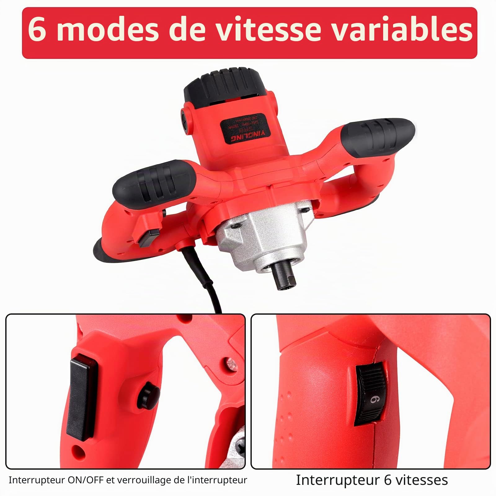 Agitateur à béton 2100W JUSTOOL Malaxeur Beton Électrique Professionnel avec Double Poignée Agitateur Malaxeur à Mortier 6 Modes de Vitesse Variable 280-2800 U/min Longueur de Tige : 600 mm M14