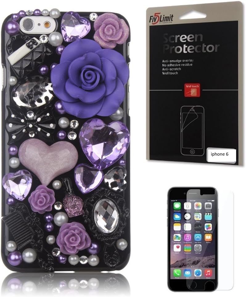 iPhone 6 Case, FiveLimit(TM) For Apple iPhone 6 4.7 3D Handmade Luxury Bling Crystal Pearl Love Purple Fairy Tale Flower Diamond Cover Case (Package includes: 1 X Screen Protector) (Purple Fairy Flower)