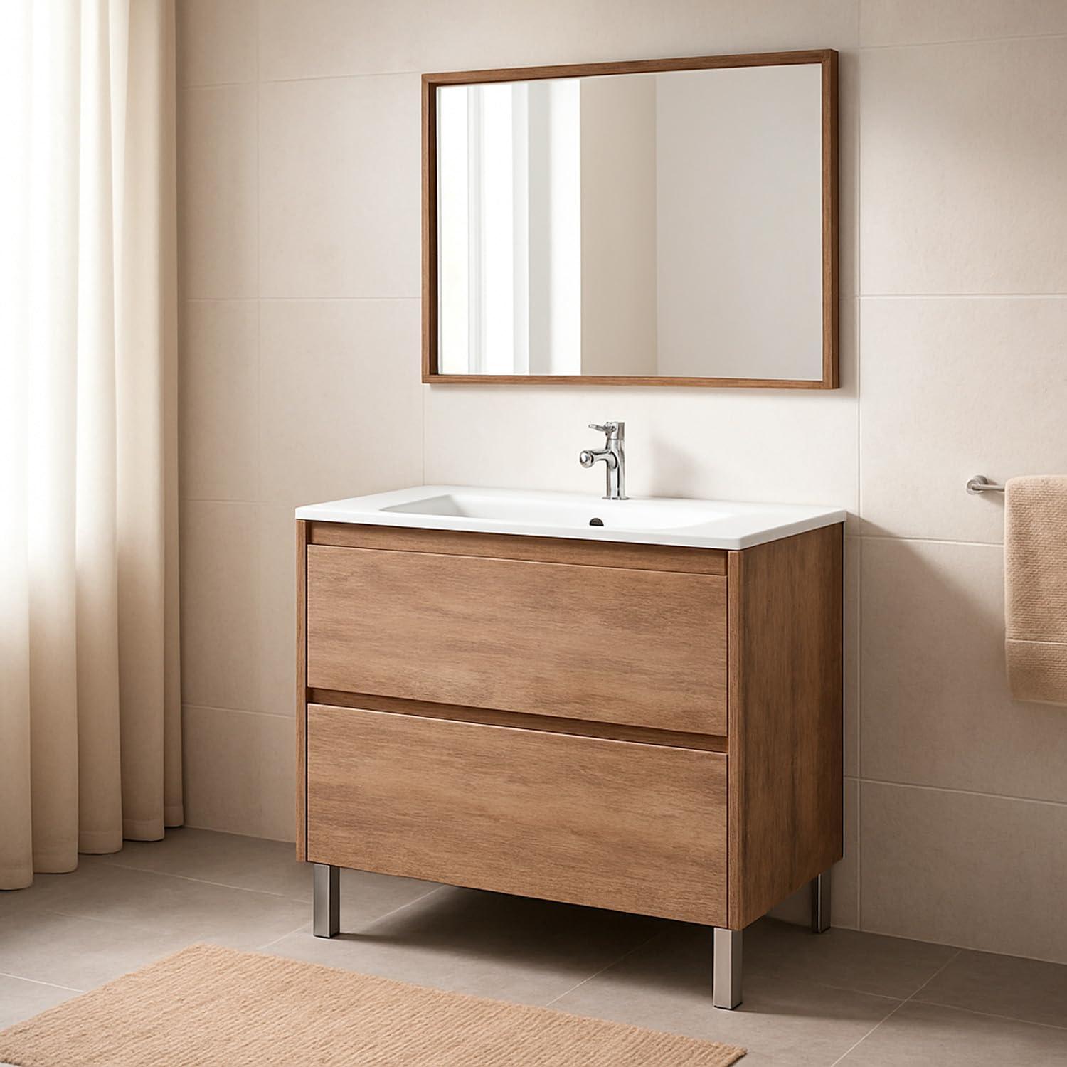 Bricozone Mobile Bagno Con Lavabo In Ceramica E Specchio 80 Cm Colore Quercia Con 2 Cassettoni Chiusura Ammortizzata Arredo Bagno Moderno 80 x 45 x 80 Cm