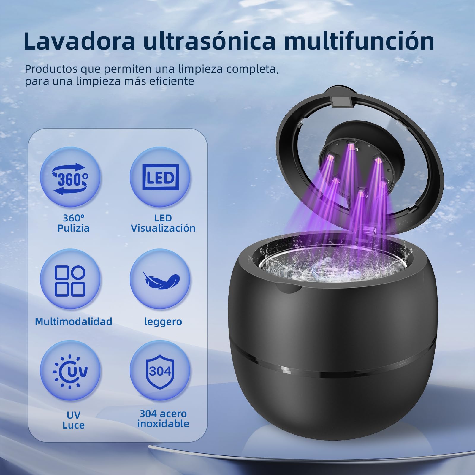 Limpiador Ultrasonidos Dental Inalámbrico 48000Hz, 210ml Portatil Ultrasonidos Limpieza Recargable con 6 lámparas UV y 4 modos para Dentaduras Postizas, Alineadores, Retenedores y Joyas