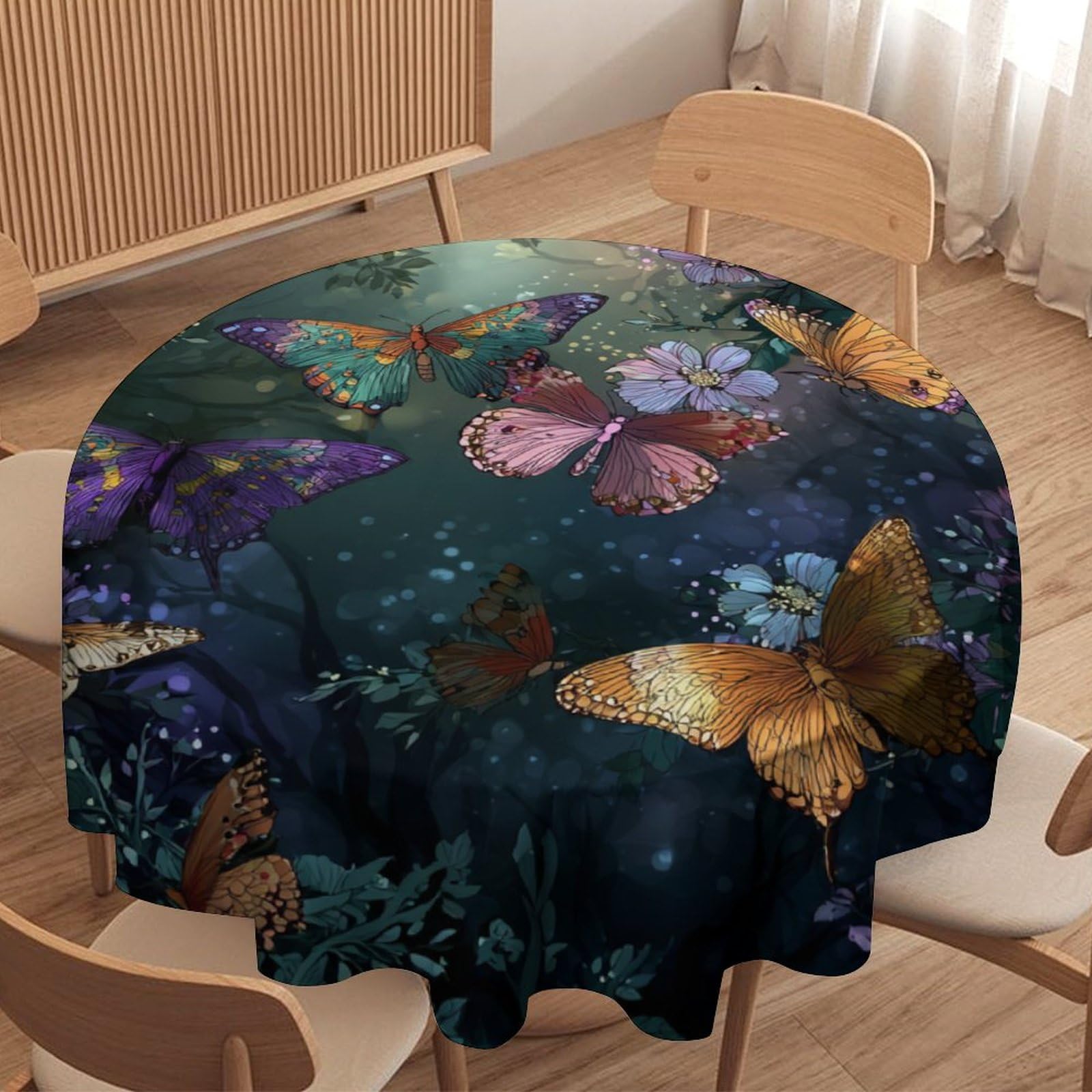 LUYYSKY Fantasy Classic Spring Garden Waterproof Round Tablecloth Watercolor Aesthetic Natural Animal Butterflies Print Washable Table Cover for Kitchen-127 Wx127 L cm