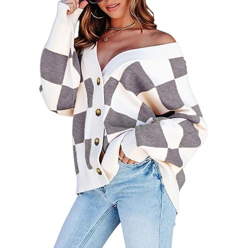 Dokotoo Womens Plaid V Neck Button Down Long Sleeve Cable Knit Oversized Cardigan Sweaters Tops