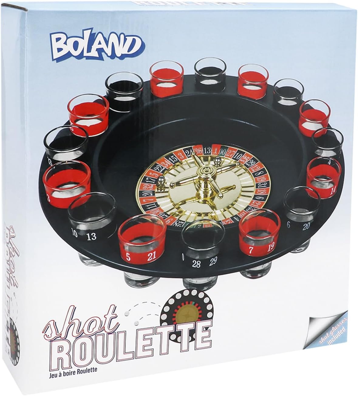Boland 30850 – gra do picia w ruletkę, średnica 30 cm, 16 kieliszków do wódki i 2 bombki, impreza, zabawa, picie, urodziny