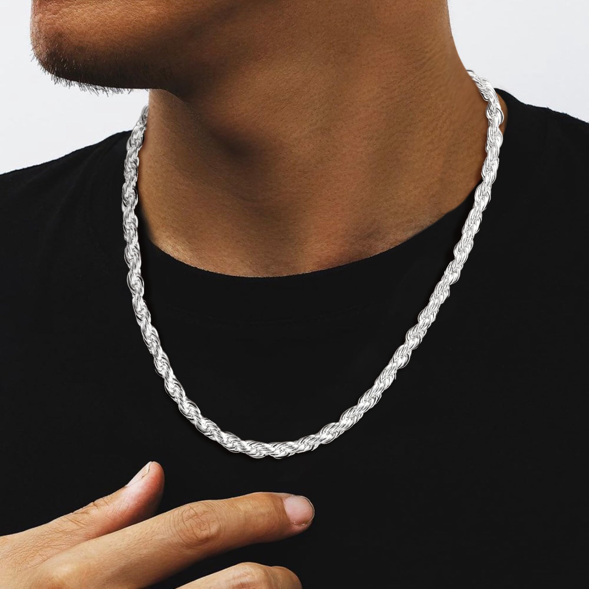 SLOONG 4MM Breit Rope Kette Herren 925 Silber Over | Silber Rope Chain Halskette Jewelry Schmuck Geschenke für Männer Papa Freund Längen 46/51/56/61/66CM