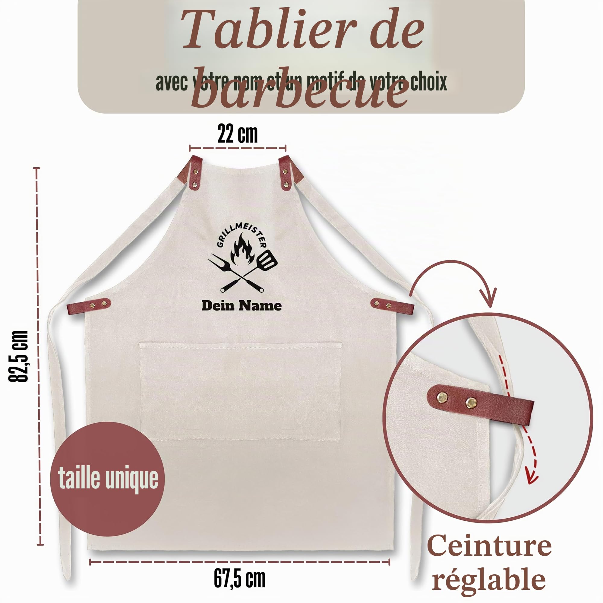 Tablier de barbecue personnalisé avec motif et texte brodé – Tablier de cuisine personnalisé en coton de qualité supérieure comme cadeau spécial