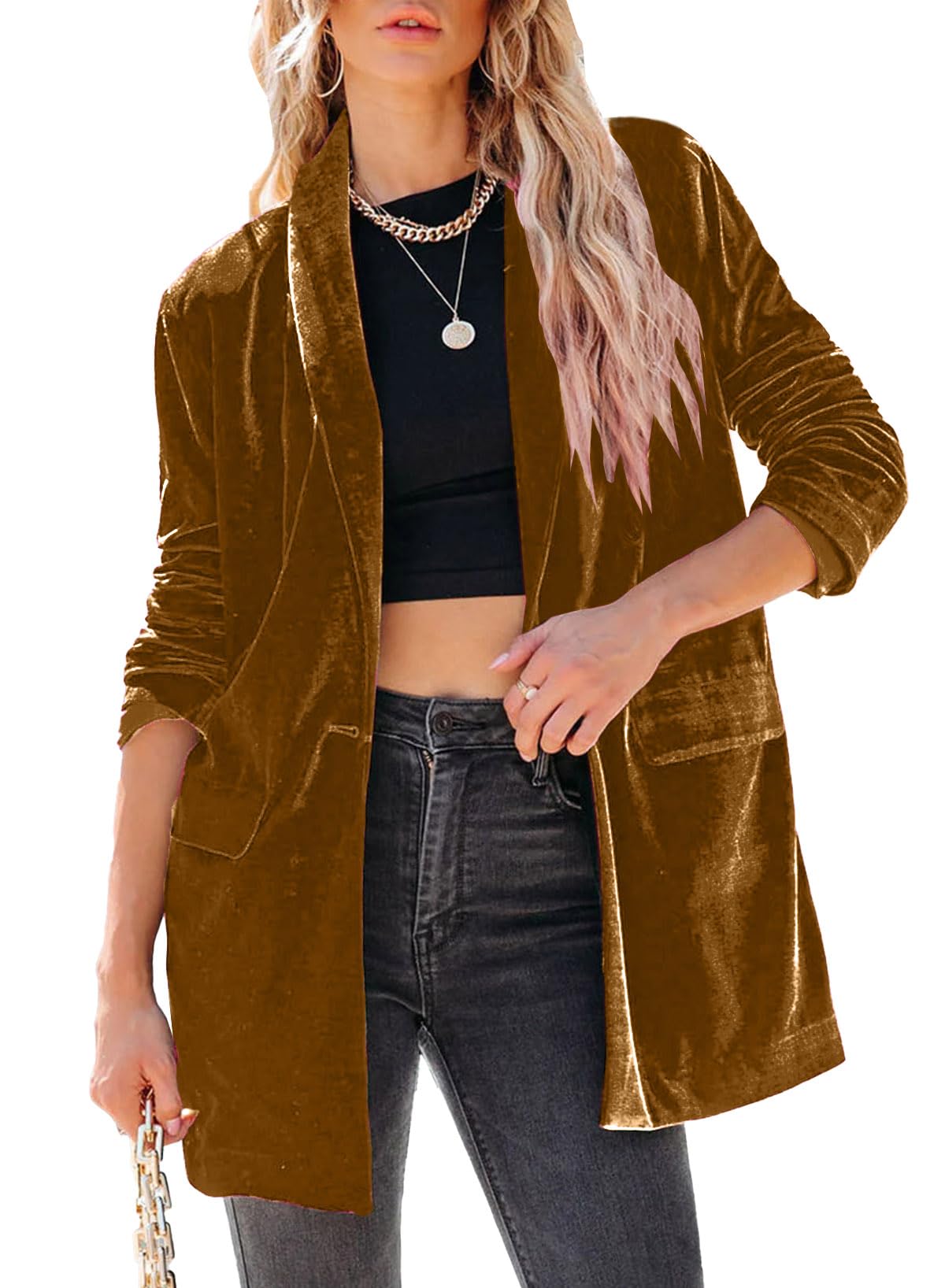 Happy Sailed Women's Velvet Blazer Jackets Casual Long Sleeve Lapel Collar Pocketed Blazer Suits Work Outfits